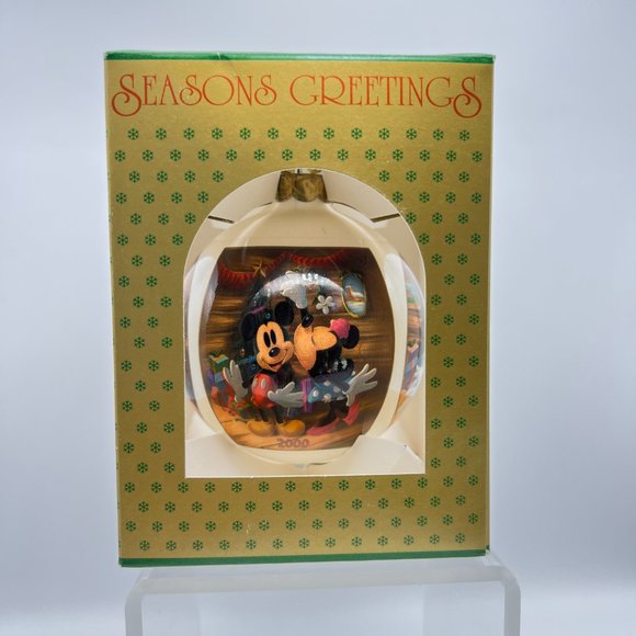 Disney SEASONS GREETINGS Glass Ball Ornament Mickey Minnie Donald Daisy 2000 NEW - Picture 2 of 8